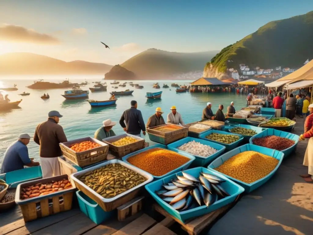 Mercado costero: pescadores descargan mariscos frescos al amanecer Mercado pesquero costero bullicioso al amanecer: pescadores descargan mariscos frescos, vendedores preparan ceviche y pescado a la parrilla
