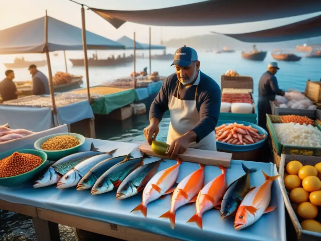 Mercado pesquero costero al amanecer: escena vibrante en 8k Un mercado pesquero costero bullicioso al amanecer con pescadores descargando capturas frescas y vendedores preparando mariscos y frutas