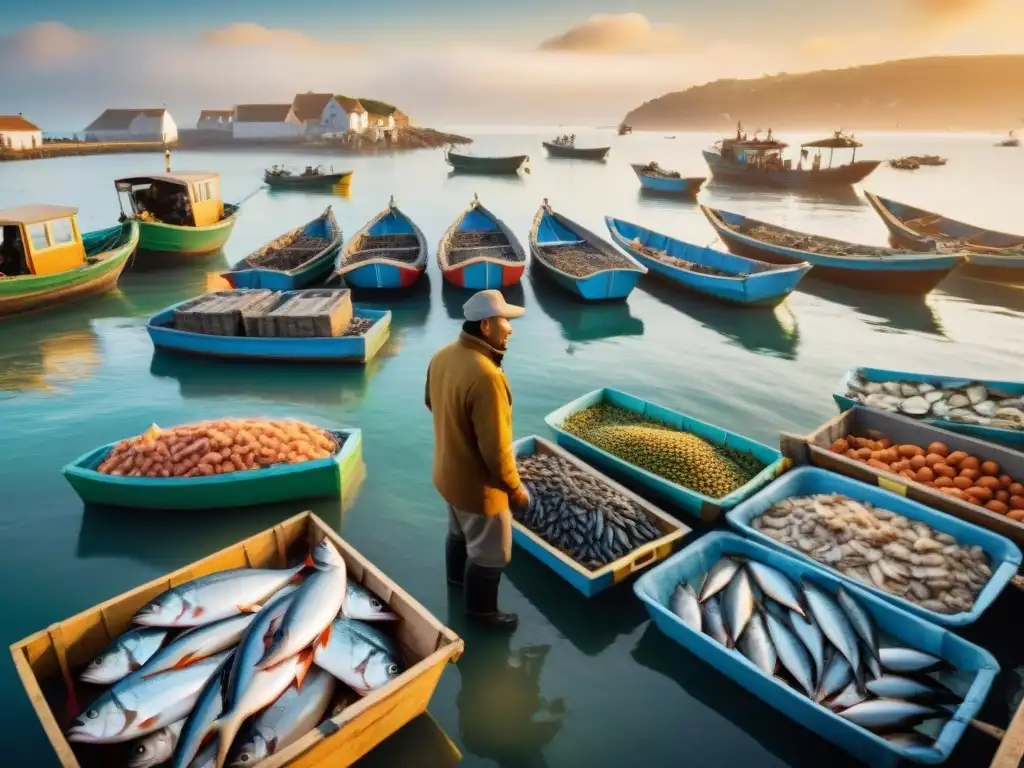 Mercado pesquero costero al amanecer: pescadores descargan pescado fresco en coloridos barcos, con gaviotas y aldeas al fondo Un mercado pesquero costero bullicioso al amanecer, con pescadores descargando pescado fresco de barcos coloridos