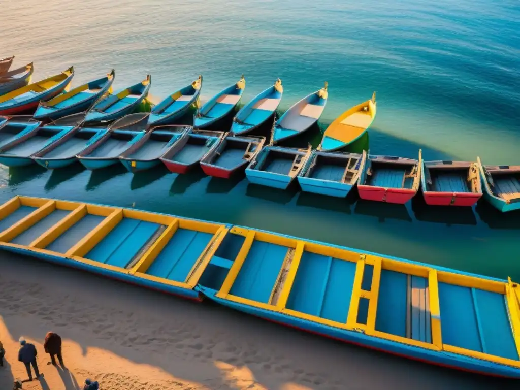 Mercado pesquero costero al atardecer: escena vibrante y colorida Un mercado pesquero costero lleno de vida, pescadores coloridos, gaviotas y la cálida luz dorada del atardecer