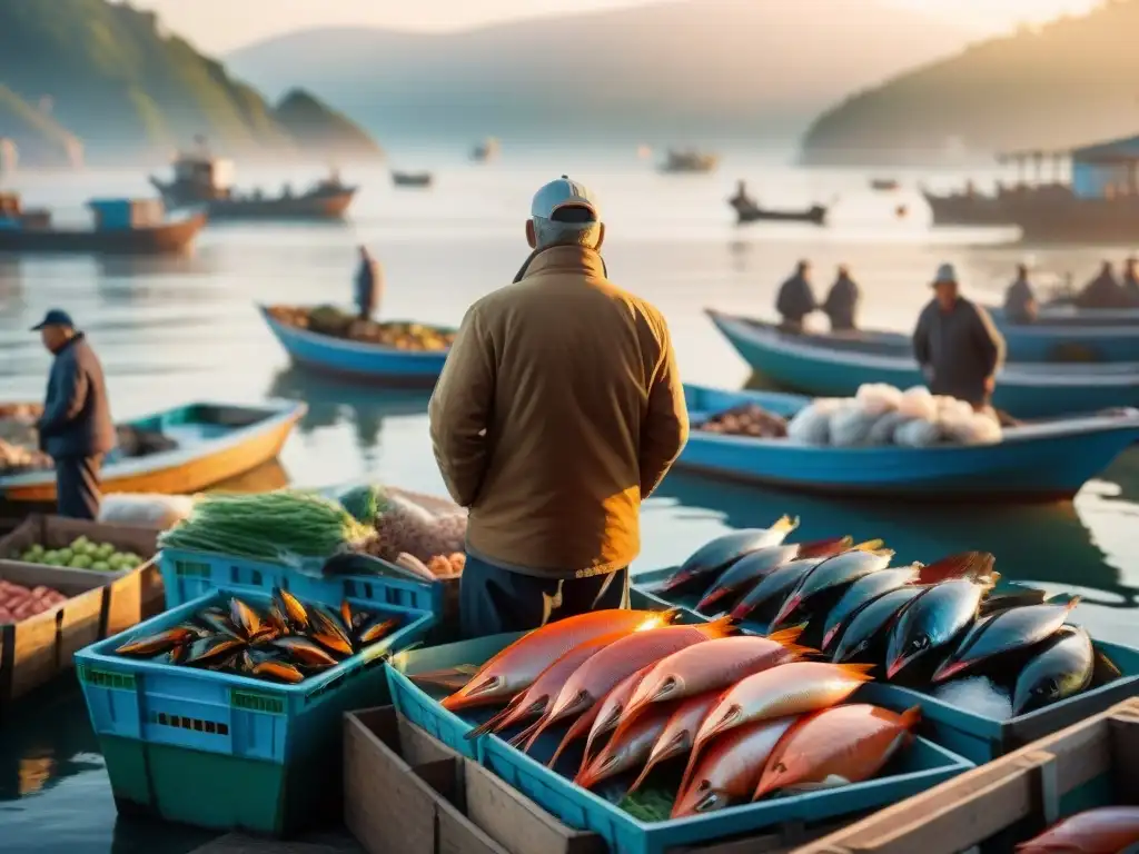 Pescadores descargando pescado fresco en un mercado costero al amanecer Mercado pesquero costero al amanecer con pescadores descargando mariscos frescos de barcos de madera