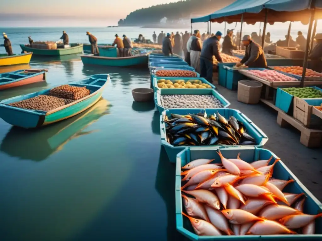 Pescadores descargando mariscos al amanecer en un mercado costero vibrante Mercado pesquero costero con pescadores descargando mariscos frescos al amanecer, reflejando la esencia de la gastronomía costera sostenible tendencia
