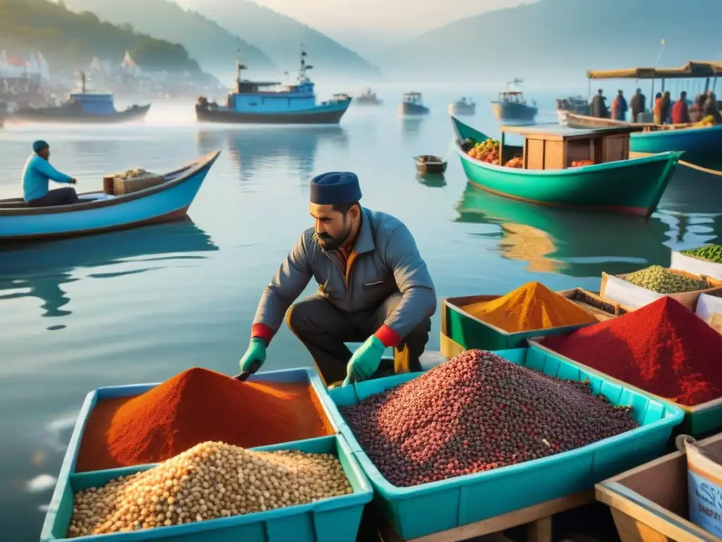 Mercado costero: especias exóticas y pescado fresco bajo el sol Un mercado pesquero costero rebosante de vida, con sabores especias costeras potenciar en exóticos puestos de pescado y especias