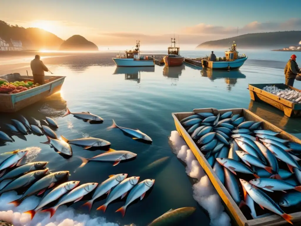 Mercado pesquero costero al amanecer: frescura y vitalidad Un mercado pesquero costero vibrante al amanecer, con pescado fresco y gente animada