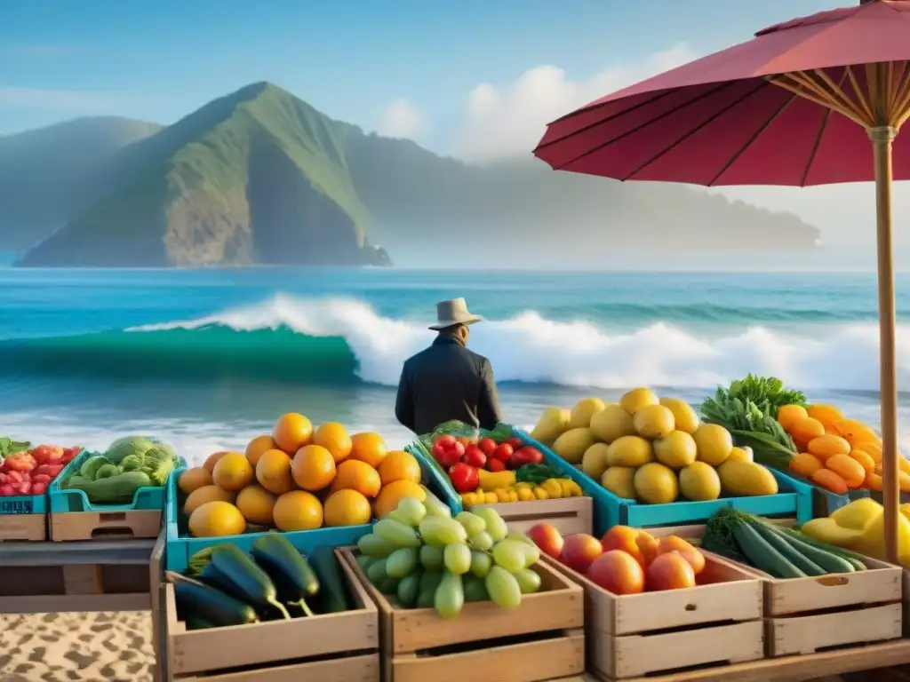 Mercado costero vibrante: frutas frescas, sol y mar Un mercado playero vibrante con frutas y verduras frescas, vendedores locales, sombrillas coloridas y olas tranquilas