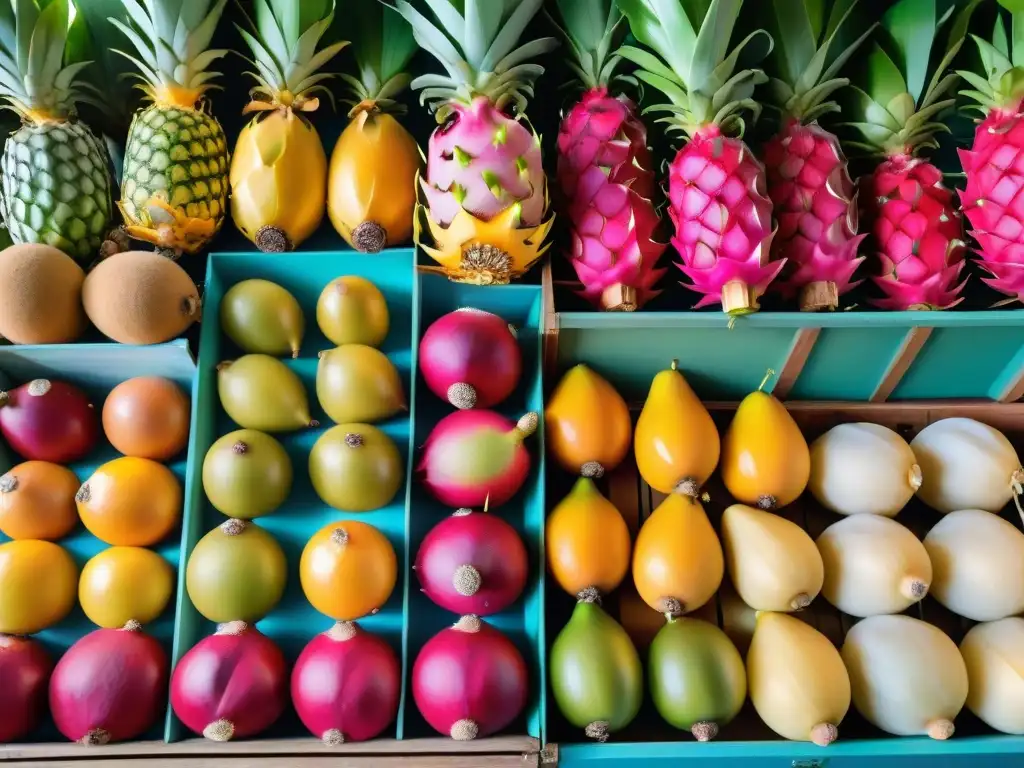 Mercado tropical: exóticas frutas costeras en alta resolución Un mercado tropical rebosante de frutas exóticas litorales: dragon fruit, rambután, mangostán y maracuyá en cestas tejidas y cajas de madera
