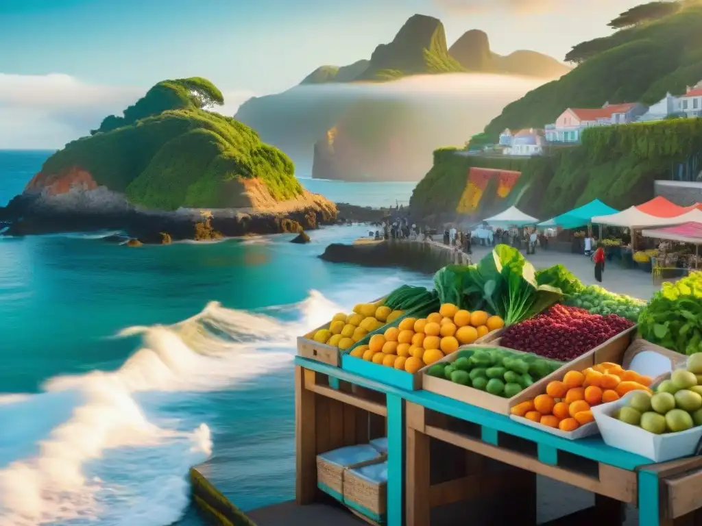 Mercado vegano junto al mar: diversidad culinaria Un mercado vegano vibrante en una ciudad costera, lleno de frutas, verduras y platillos coloridos