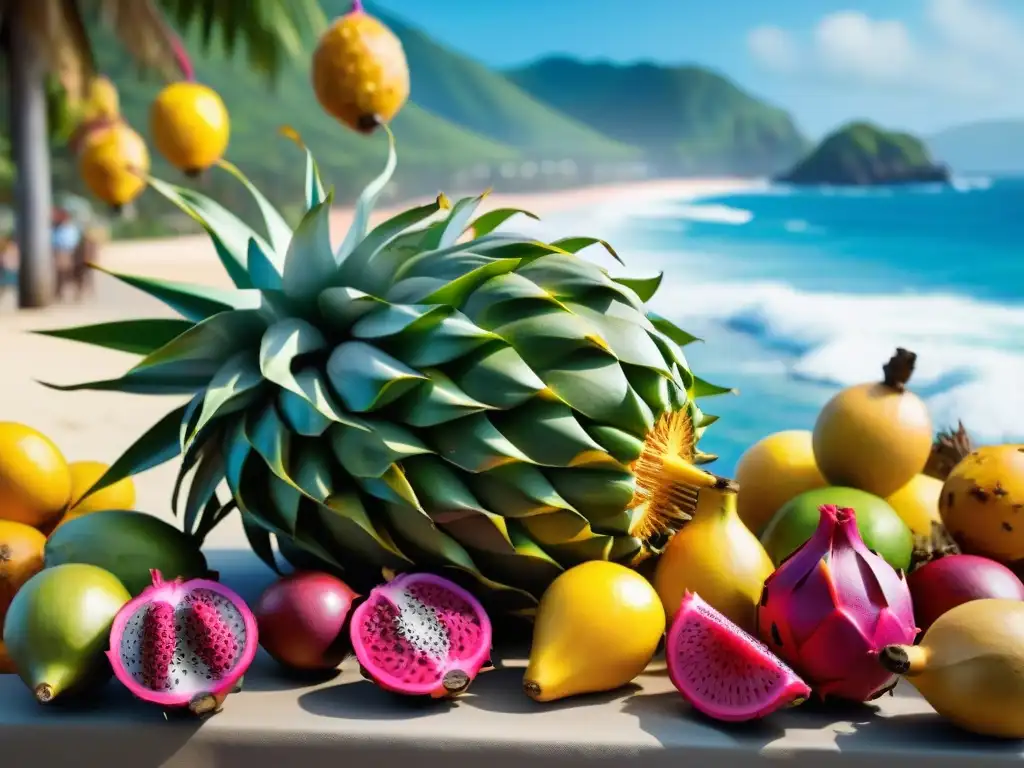 Mercado tropical vibrante: Exóticas frutas frescas bajo el sol Un mercado vibrante de frutas exóticas en el litoral con sabores únicos y colores vivos