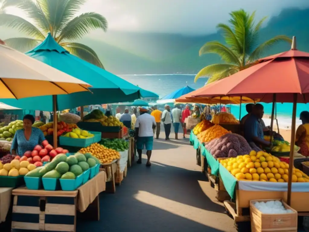 Mercado caribeño: colores y sabores exóticos Un mercado vibrante en el Caribe con Secretos gastronómicos islas costeras: frutas exóticas, especias y coloridas escenas bajo palmeras