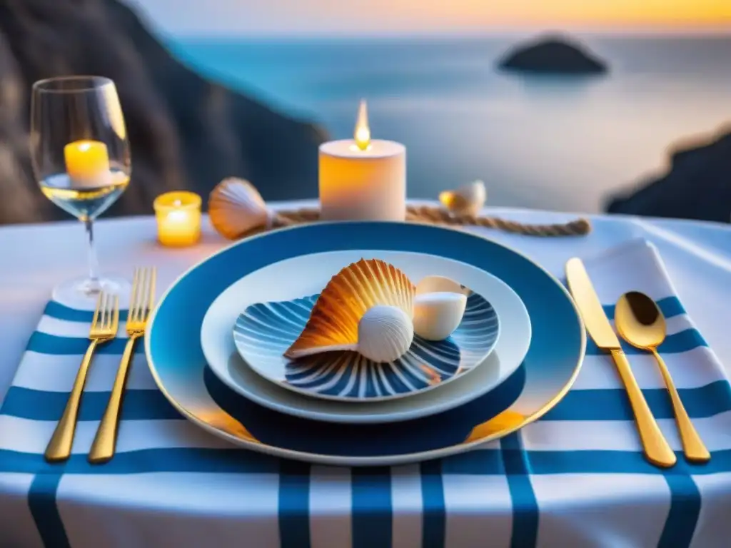 Mesa de cena marina exquisitamente detallada Una mesa de cena elegantemente decorada con temática marina