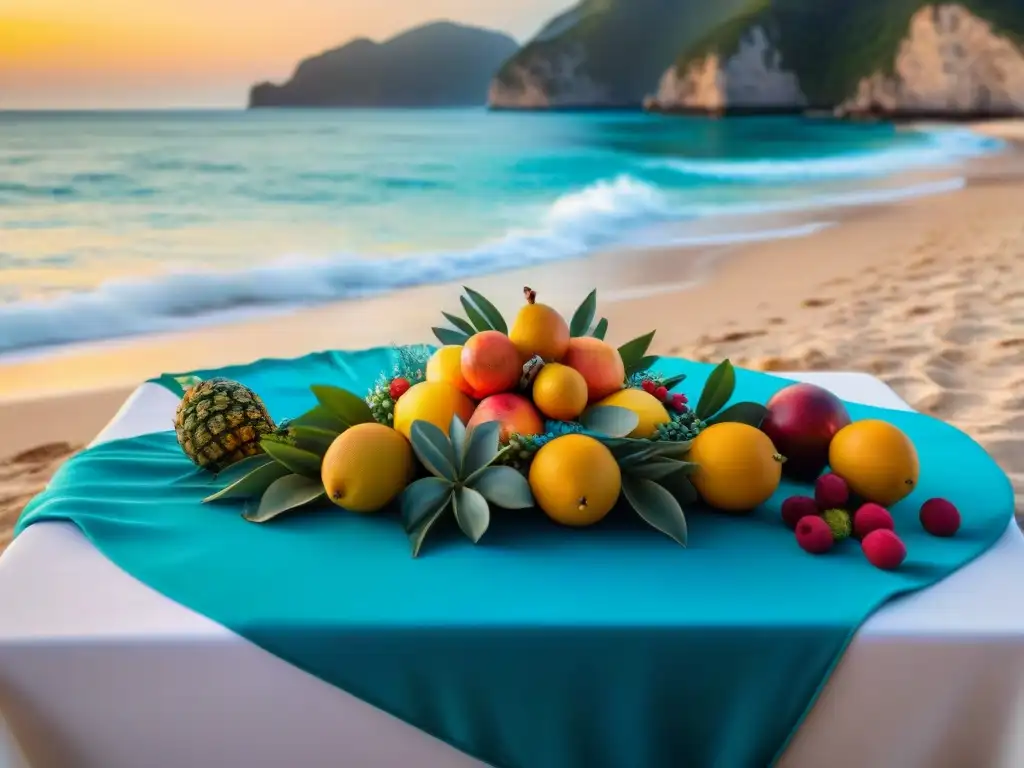 Escena exótica en playa al atardecer Una mesa bellamente decorada en una playa al atardecer, con frutas exóticas, flores vibrantes y velas titilantes