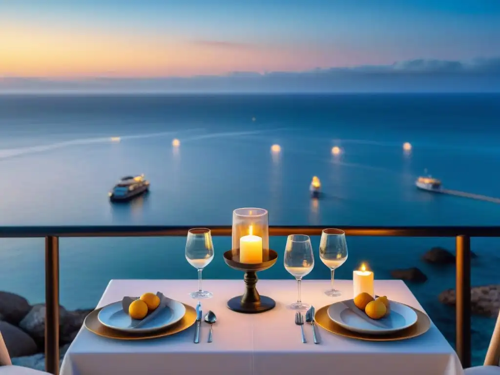 Escena romántica: cena para dos en terraza frente al mar al atardecer Una mesa para dos elegantemente dispuesta en una terraza junto al mar al atardecer, creando una atmósfera romántica