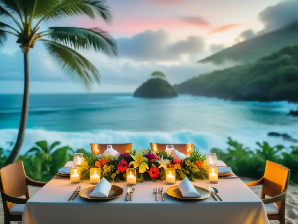 Cena temática de ensueño en la playa de Costa Rica Una mesa elegante en la playa de Costa Rica, decorada con flores tropicales y velas, rodeada de comensales en un ambiente mágico de cenas temáticas costas exóticas