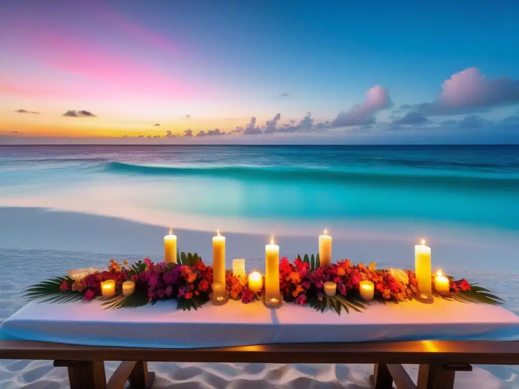 Cena de lujo en la playa al atardecer Una mesa elegante en una playa exótica al atardecer con velas, flores tropicales y vajilla