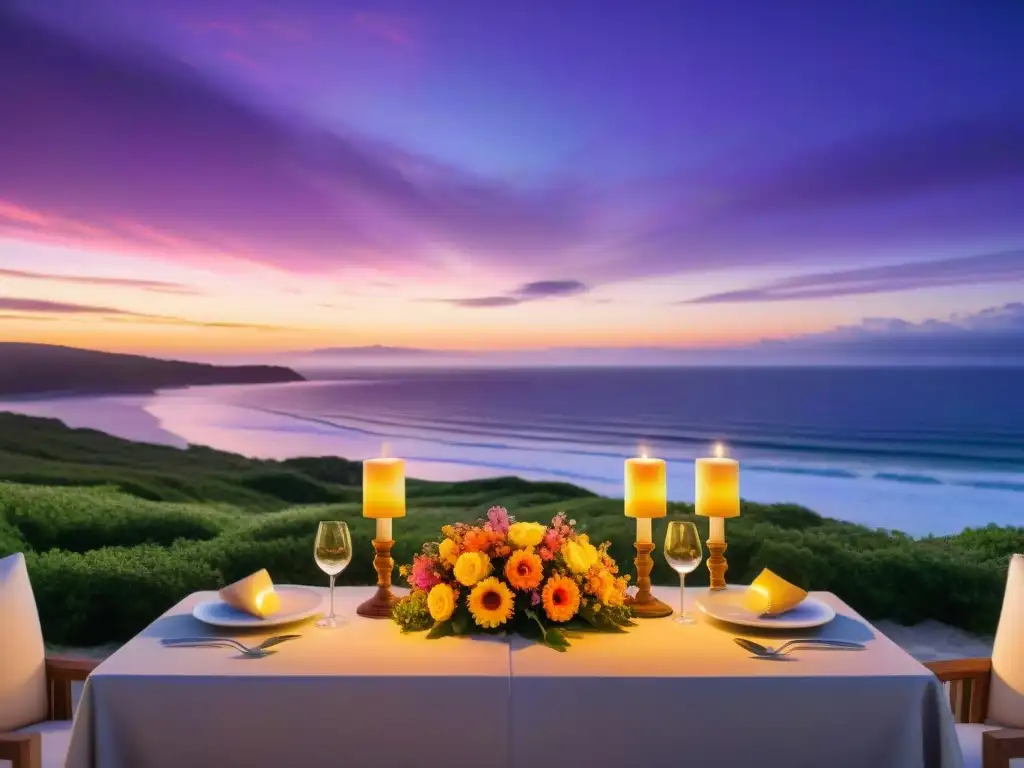 Cena romántica en la playa al atardecer Una mesa para dos iluminada con velas en la playa al atardecer, decorada con flores frescas y una botella de vino