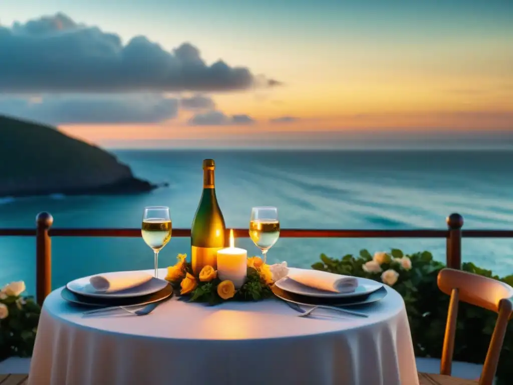 Escena romántica en terraza frente al mar al atardecer Una mesa iluminada por velas en un restaurante romántico junto al mar al atardecer, con una vista panorámica dorada