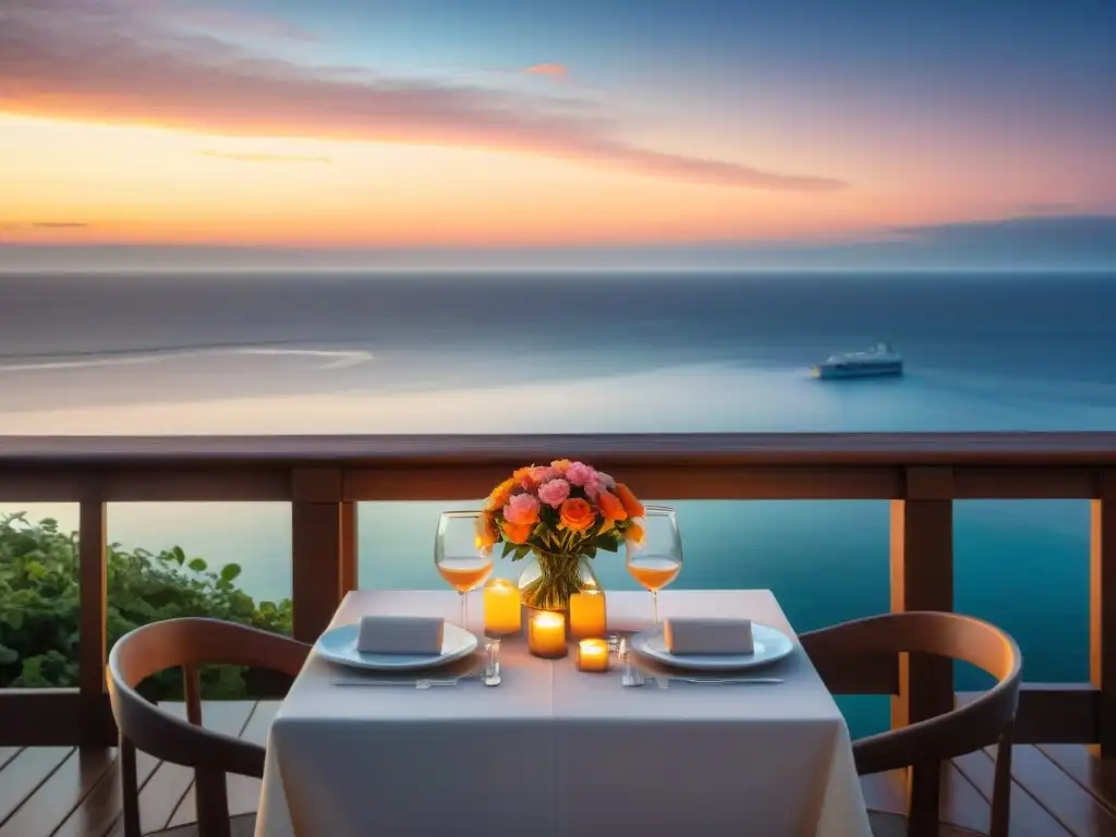 Encanto en la mesa: cena romántica junto al mar al atardecer Una mesa romántica iluminada por velas en un restaurante costero con vistas al mar al atardecer