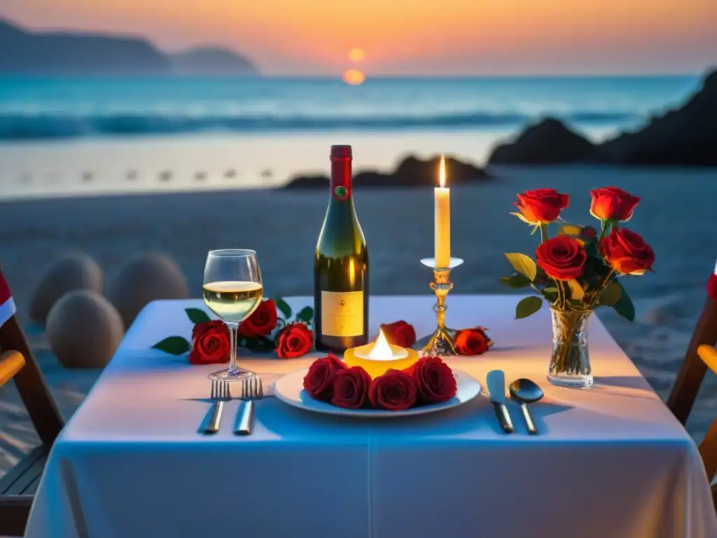 Cena romántica en la playa al atardecer Una mesa romántica para dos en la playa al atardecer, con vino, velas y rosas