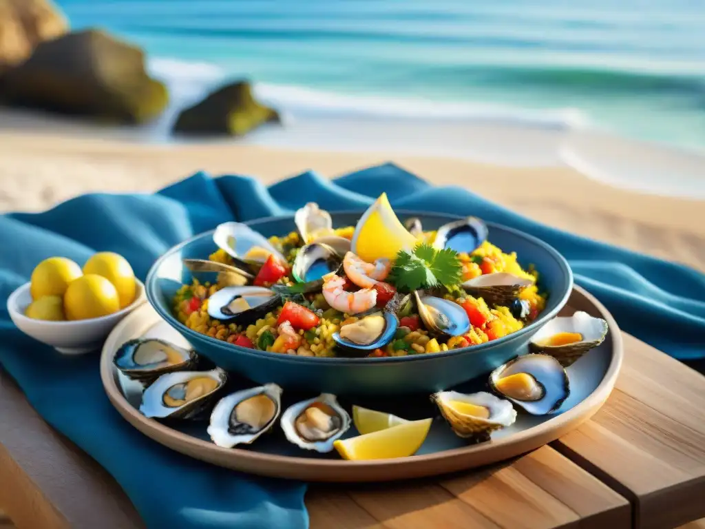 Festival costero: maridaje perfecto de bebidas y delicias locales Una mesa rústica en la playa con bebidas y comidas costeras tradicionales marítimas