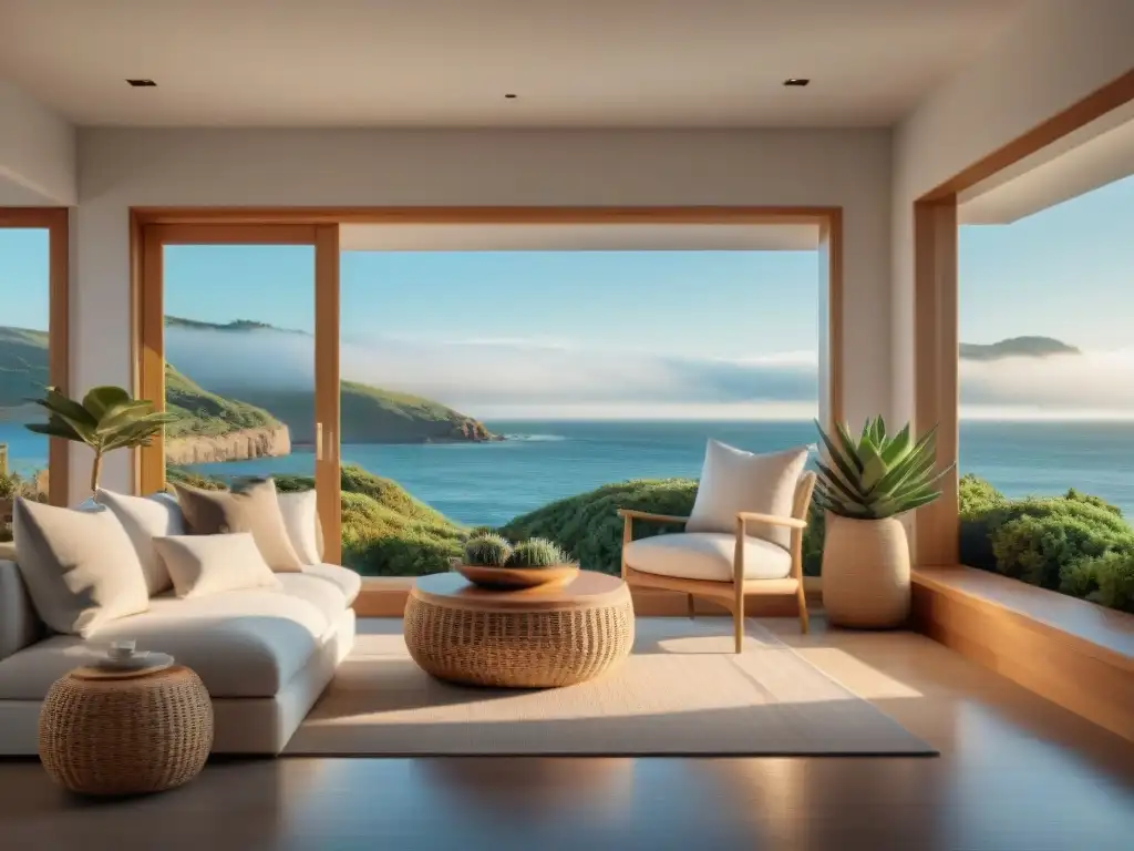 Salón costero sereno: minimalismo y naturaleza Decoración minimalista para hogar costero: Sala de estar serena con vista al mar y elementos naturales