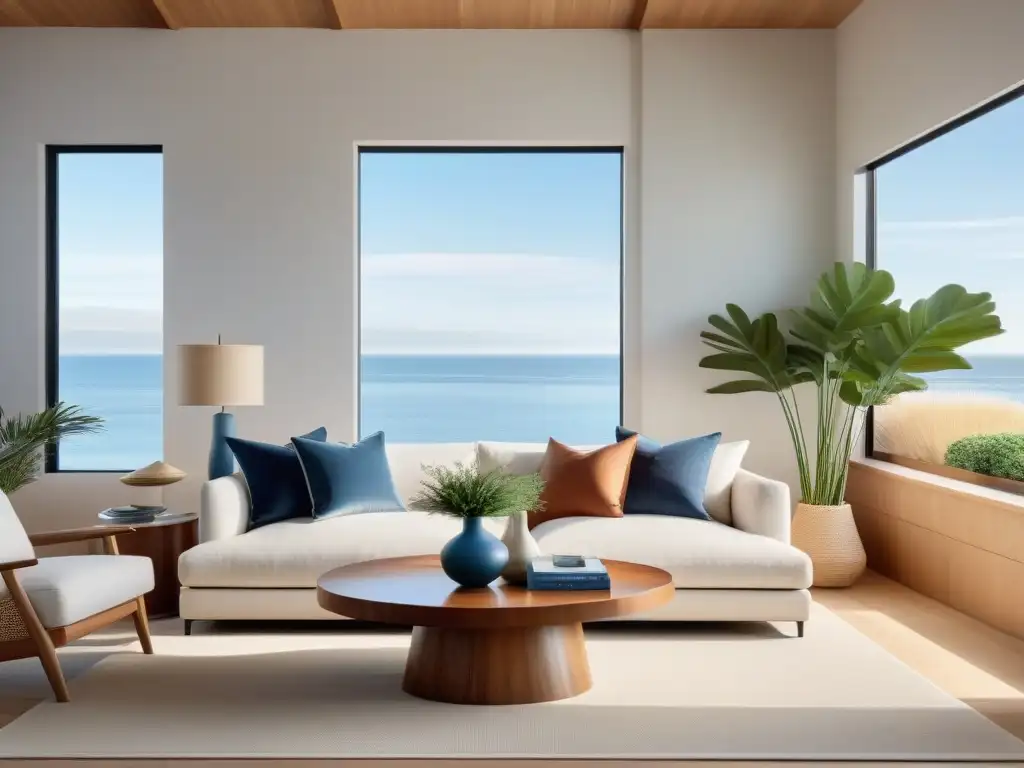 Salón costero minimalista: serenidad en tonos neutros y luz natural Decoración minimalista para hogar costero: Sala de estar serena con paleta de colores neutros y toques marinos