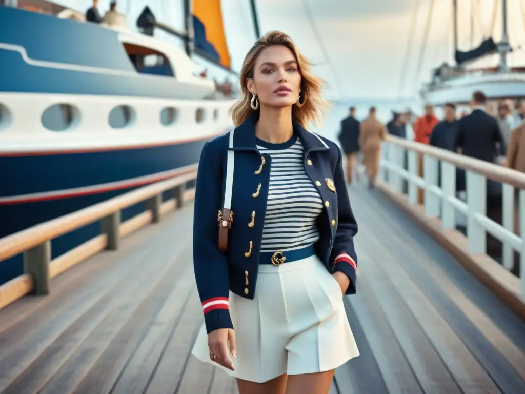 Moda costera urbana: Estilo marítimo en el paseo marítimo Moda costera street style marítimo en un bullicioso paseo marítimo, combinando elementos náuticos y urbanos