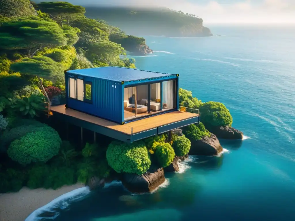 Casa contenedor costera: diseño moderno entre naturaleza Una moderna casa contenedor en la costa, rodeada de exuberante vegetación y vista al mar