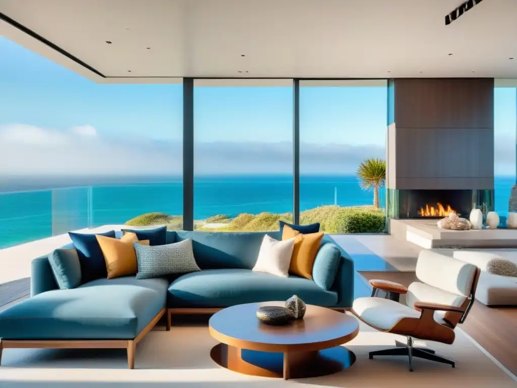Interior de casa de playa moderna de lujo con vista al mar Decoración moderna para casa playa con diseño minimalista, muebles contemporáneos y toques de color costero