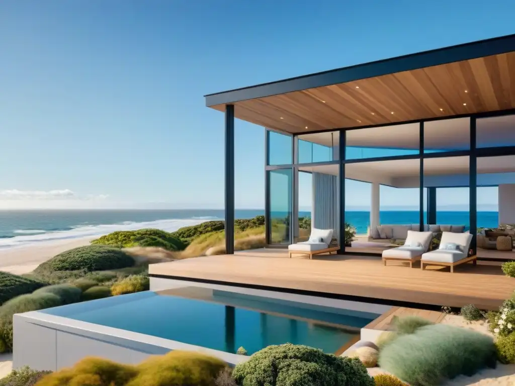 Residencia costera moderna: diseño resistente y sostenible Moderna casa frente al mar con materiales adecuados para la costa resalta diseño, funcionalidad y resistencia
