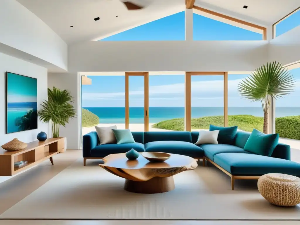 Elegante sala costera minimalista con vista al mar Decoración moderna para casa playa: Sala minimalista con vista al mar, mobiliario contemporáneo y detalles inspirados en el océano