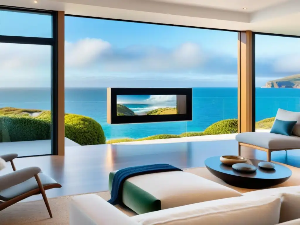 Casa inteligente en la costa: tecnología y naturaleza fusionadas Moderna automatización hogar costero con panel control, boosters WiFi y vista al mar integrando 'Mejorar señal internet hogar costero'
