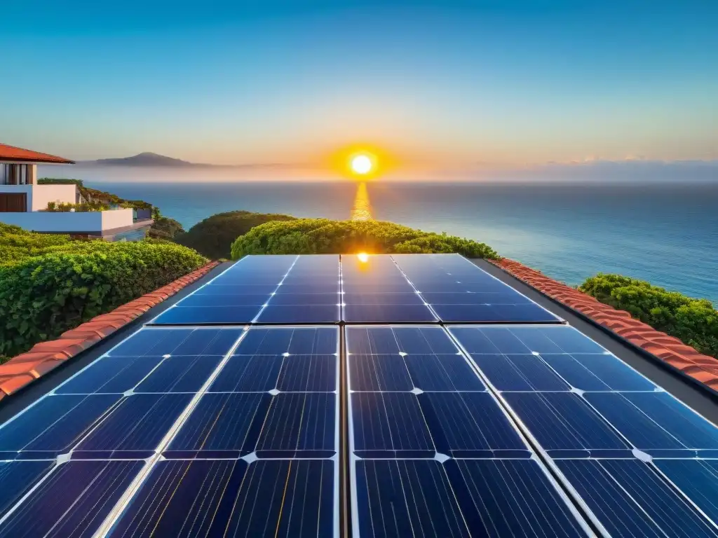Solar panels elegantes en lujosa propiedad frente al mar Instalación moderna de paneles solares en una lujosa propiedad frente al mar