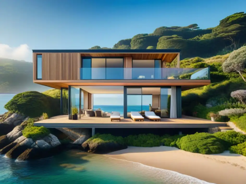 Vanguardia eco en casa de playa sostenible Moderna casa de playa sostenible con innovaciones en aislamiento térmico, integradas frente al mar