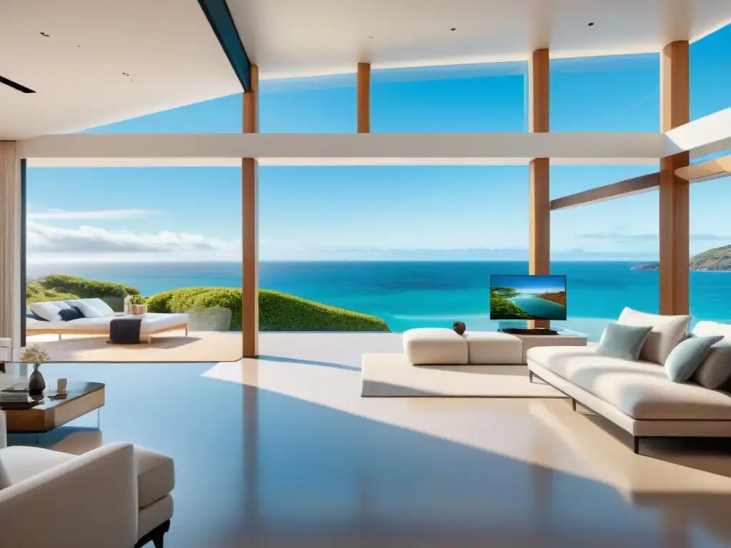 Propiedad costera moderna: lujo y tecnología en realidad virtual Moderna propiedad costera con vista al mar a través de ventanas de piso a techo