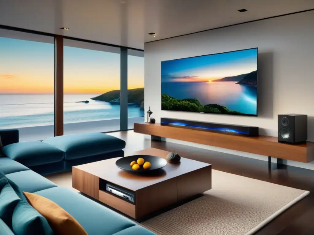 Entretenimiento de lujo en sala moderna con vista a la playa Moderno sistema audio video casa playa con vista al mar, techología y belleza natural