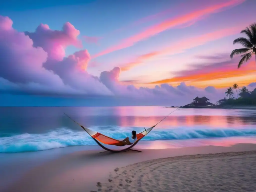 Escena costera al atardecer: paz y serenidad en la hamaca Un momento de serenidad en un entorno costero al atardecer, con beneficios del sueño reparador