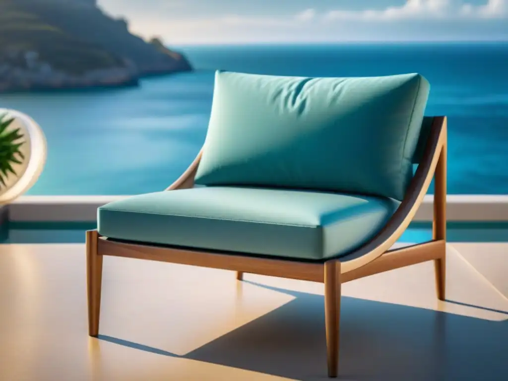 Silla de diseño moderno en terraza mediterránea Un mueble de diseñador para propiedades costeras, con líneas limpias y diseño minimalista, en una terraza soleada con vistas al mar Mediterráneo