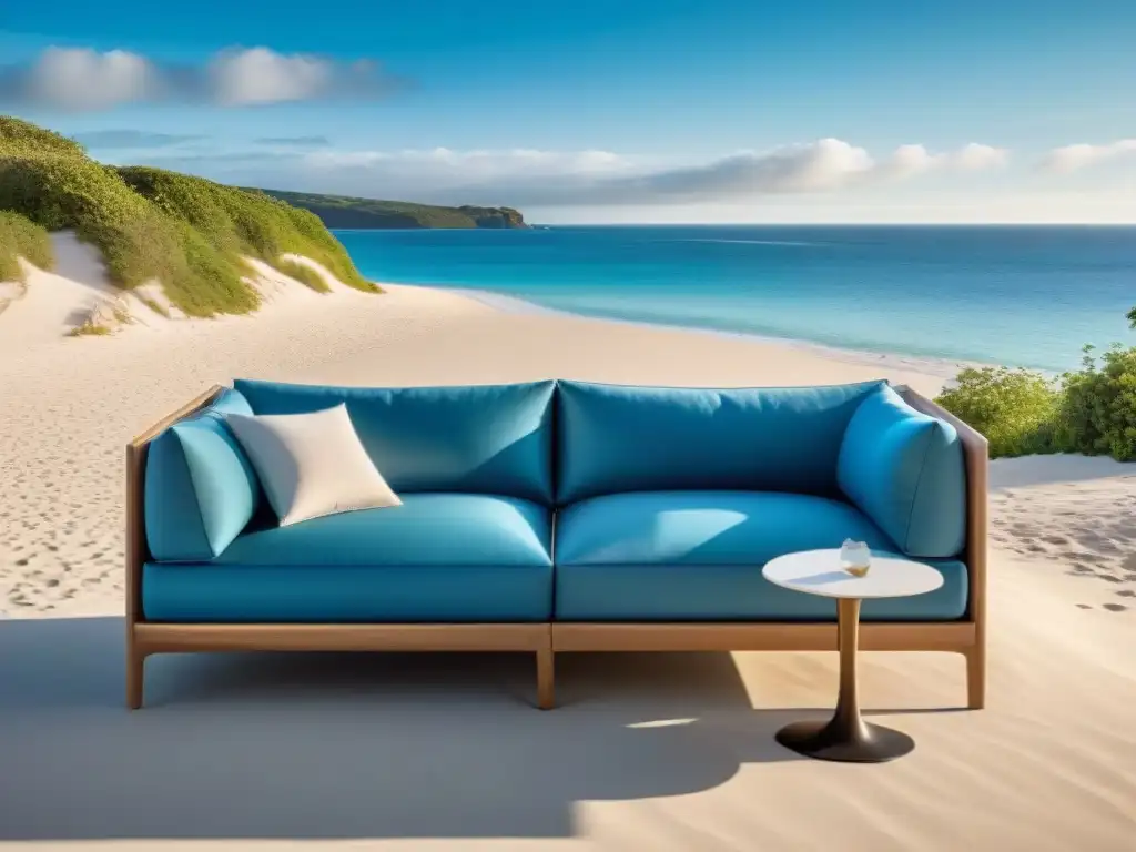 Muebles diseño moderno para playa: lujo y funcionalidad Muebles de diseñador para propiedades costeras: conjunto moderno y elegante en terraza soleada con vista al mar y playa