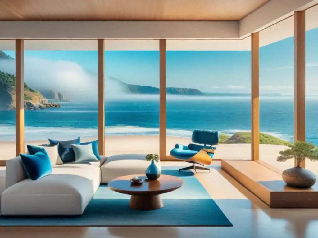 Elegante sala costera minimalista con vistas al mar Muebles de diseñador para propiedades costeras: Sala minimalista con toques oceánicos y vista al mar