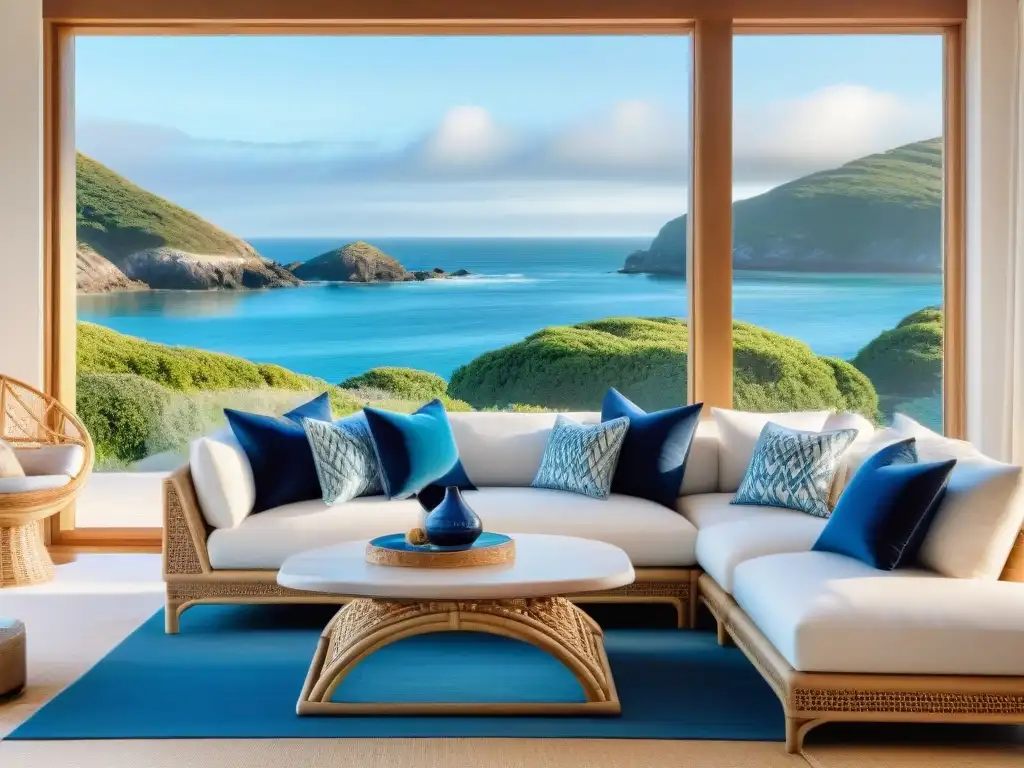 Salón costero luminoso con diseño exclusivo y vistas al mar Muebles de diseñador para propiedades costeras en sala luminosa con vista al mar