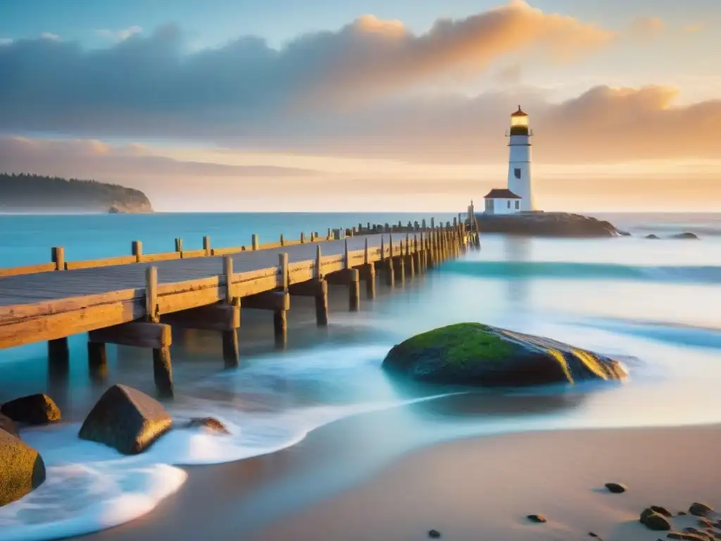 Dorada serenidad costera: muelle, faro y mar al atardecer Un muelle de madera en la costa al atardecer, con olas suaves y un faro distante