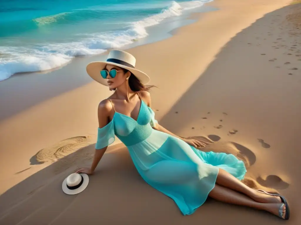 Playa de lujo: mujer elegante en un paraíso dorado Una mujer elegante con accesorios de alta gama disfruta de la playa de lujo