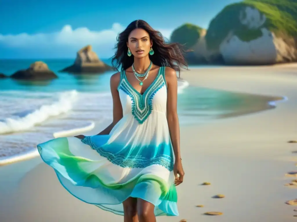 Mujer elegante con joyas marinas en la playa Una mujer elegante pasea por la orilla con un vestido blanco y collares marinos estilo vida costera