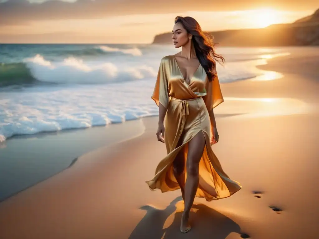 Mujer elegante en la playa al atardecer Mujer elegante en la playa al atardecer, con look playa noche elegante