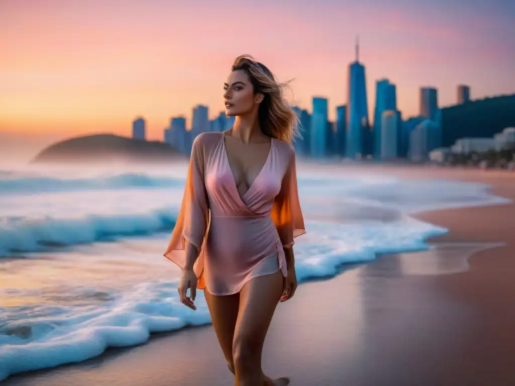 Atardecer sereno: mujer en la playa con skyline al fondo Mujer en la playa al atardecer, luciendo un elegante look playa noche elegante con la ciudad iluminándose al fondo