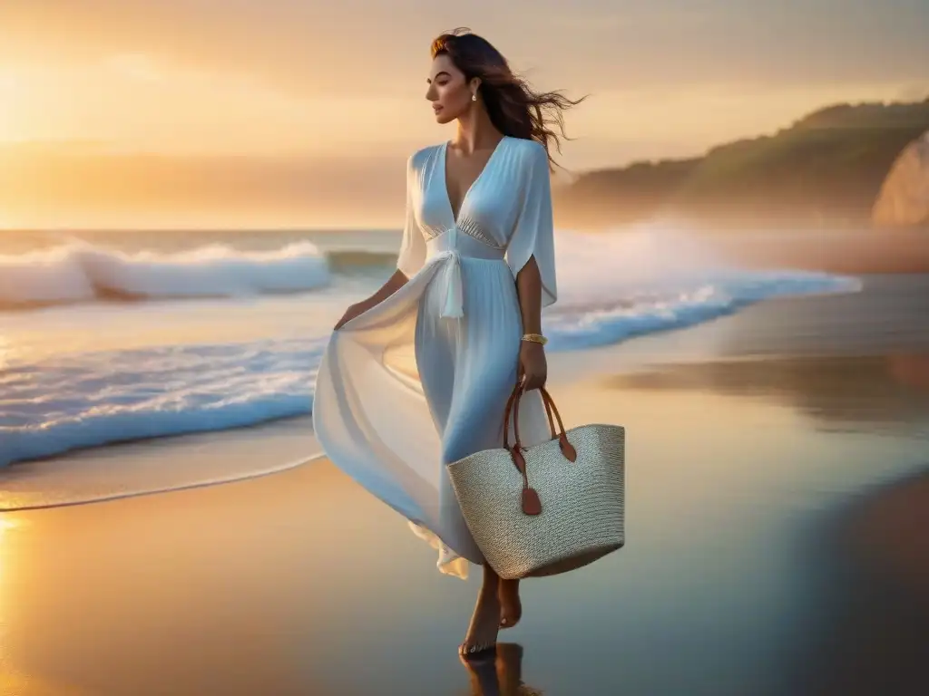 Transformación al atardecer: de playa a elegante Una mujer en la playa al atardecer, llevando un look playa noche elegante, con el mar de fondo y gaviotas volando