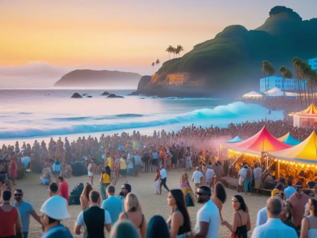Festival de música al atardecer en la costa: alegría y diversidad Multitud alegre bailando en festival de música en la costa al atardecer, con coloridos puestos y energía