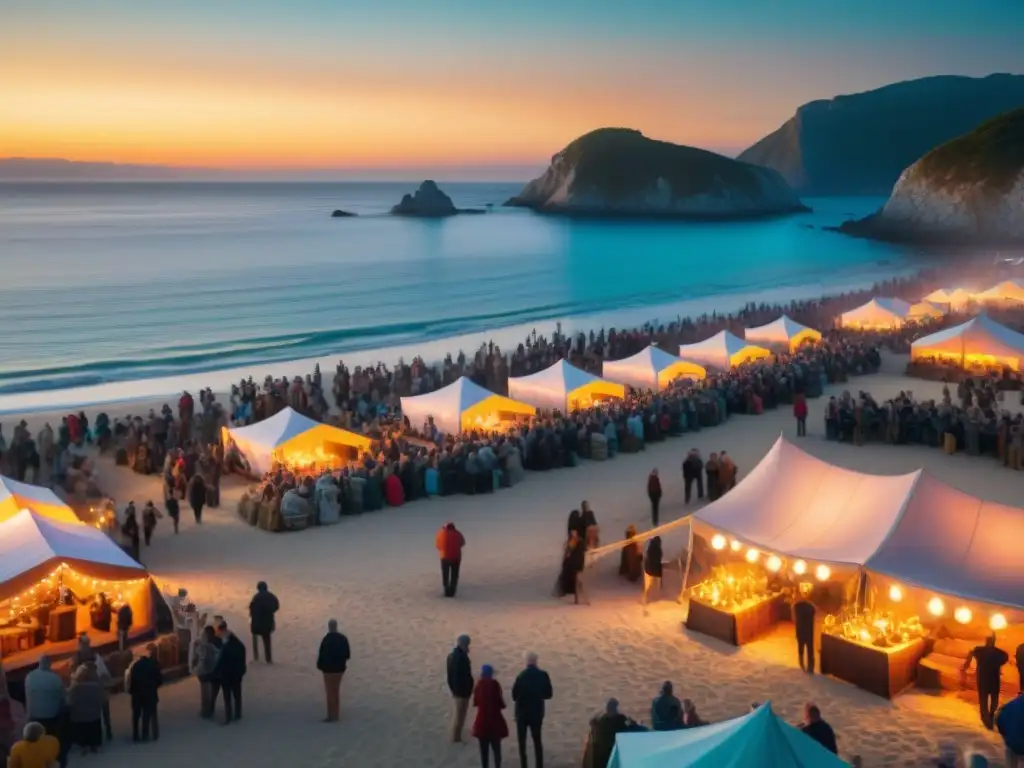 Vibrante festival costero al atardecer: baile, música y artesanías Multitud alegre en festival costero al atardecer, con música en vivo, artesanías y comida