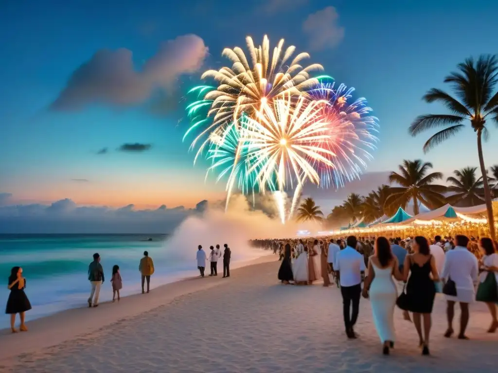 Espectacular Nochevieja en el paseo marítimo Multitud emocionada vestida de blanco en vibrante paseo marítimo al atardecer, esperando las mejores celebraciones de Año Nuevo costa