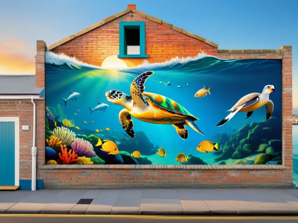 Mural costero vibrante: arte marino en pared de ladrillo Un mural de arte costero como inversión emocional: vida marina colorida en una pared de ladrillo junto al mar al atardecer